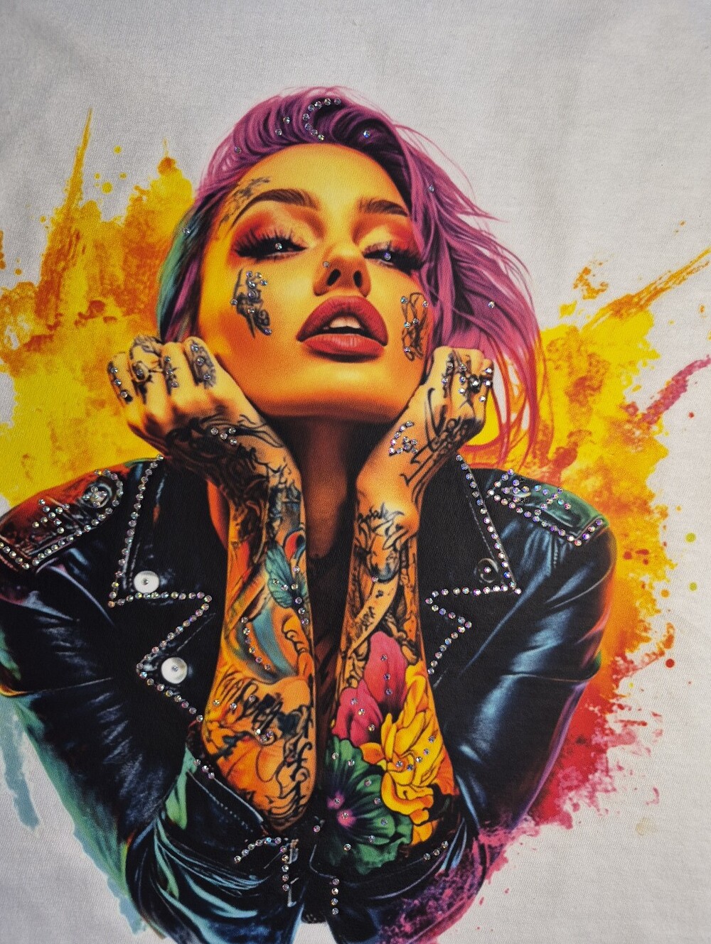 Luxury Cyber Punk Rhinestone Graphic Tee - Size S
